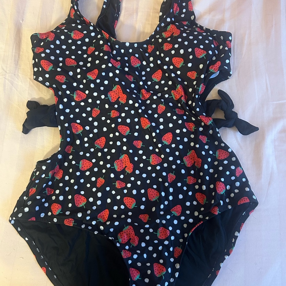 Modcloth Black and Red Strawberry Swimsuit
